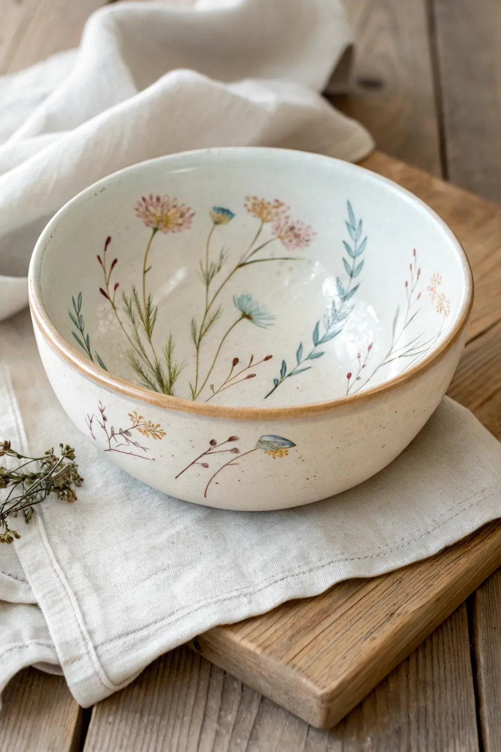 Milky white bowl with airy wildflower brushwork, minimal styling, and soft natural light.
