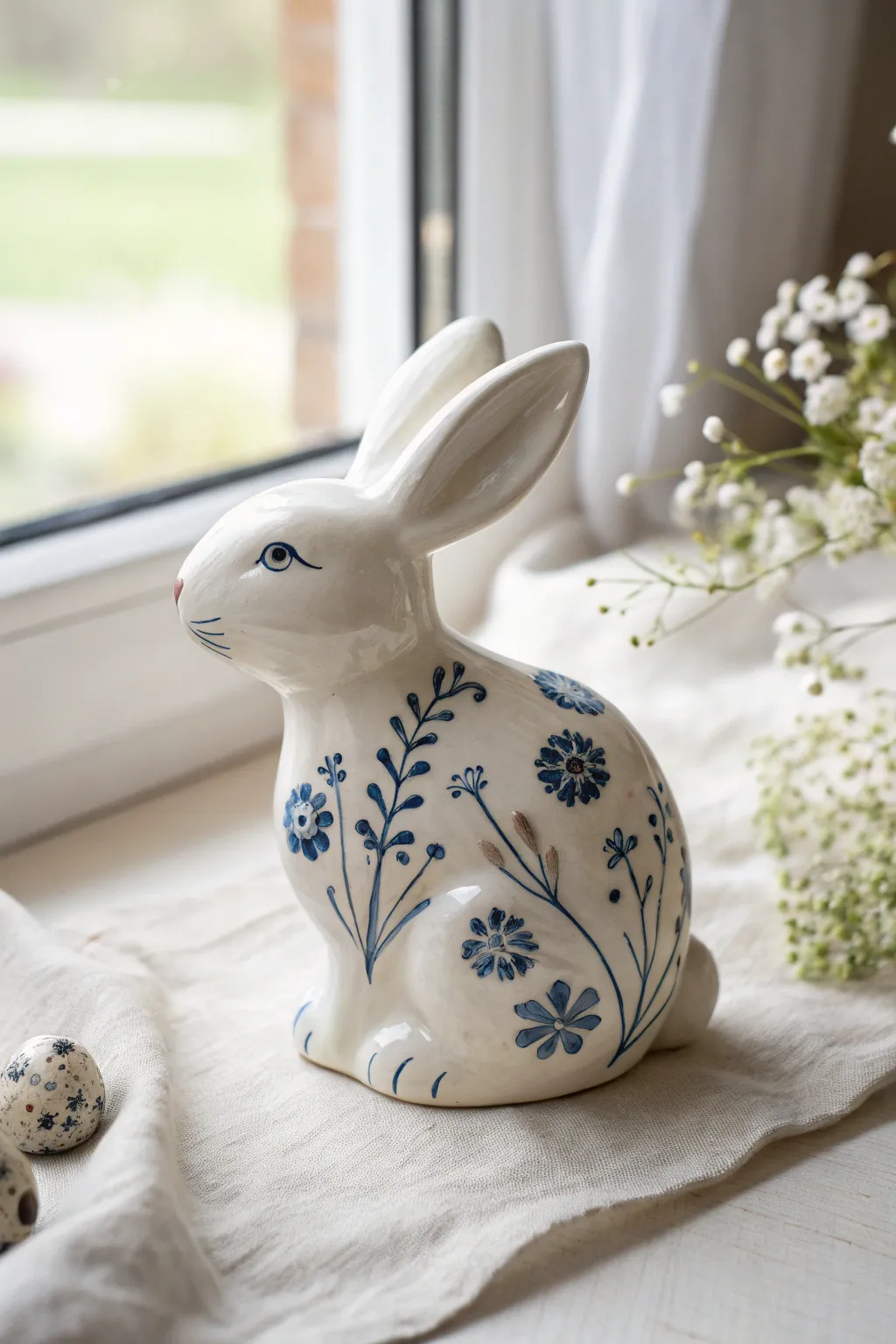 Blue-and-white porcelain-inspired bunny with soft floral curls and a calm minimalist finish.