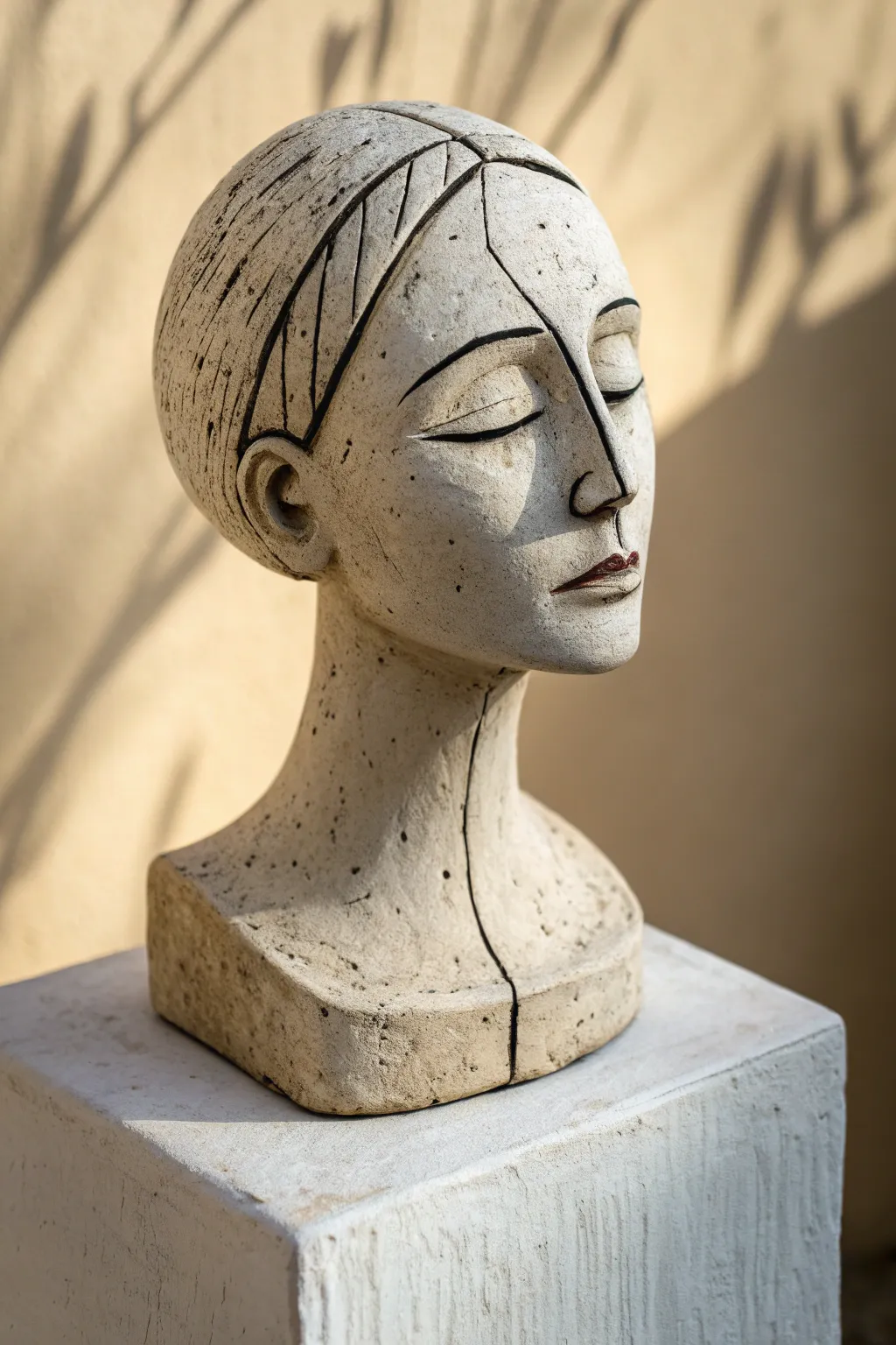 Cracked seam ceramic bust with dark inlay, minimalist boho sculpture for modern shelves