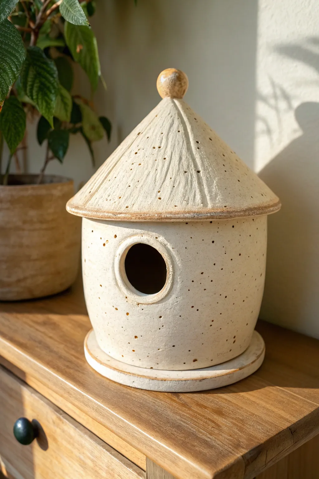 Minimal ceramic birdhouse with step-ledge perch, a simple dowel-free detail for your garden.