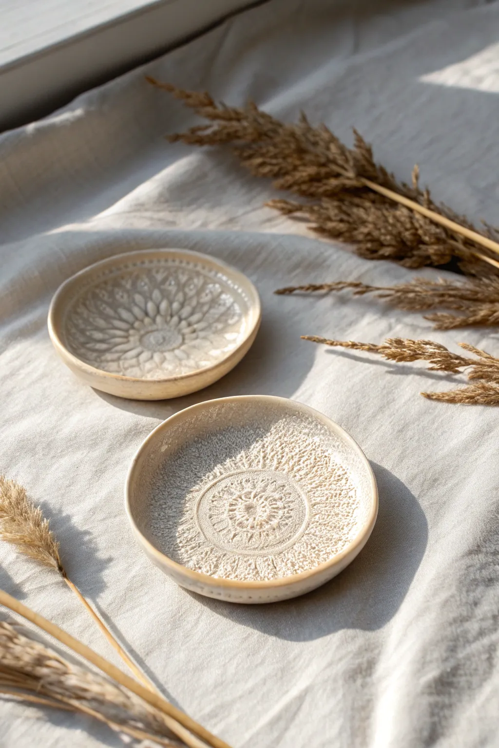 Glossy lace-textured ceramic jewelry plates in soft ivory, minimal and boho with crisp contrast