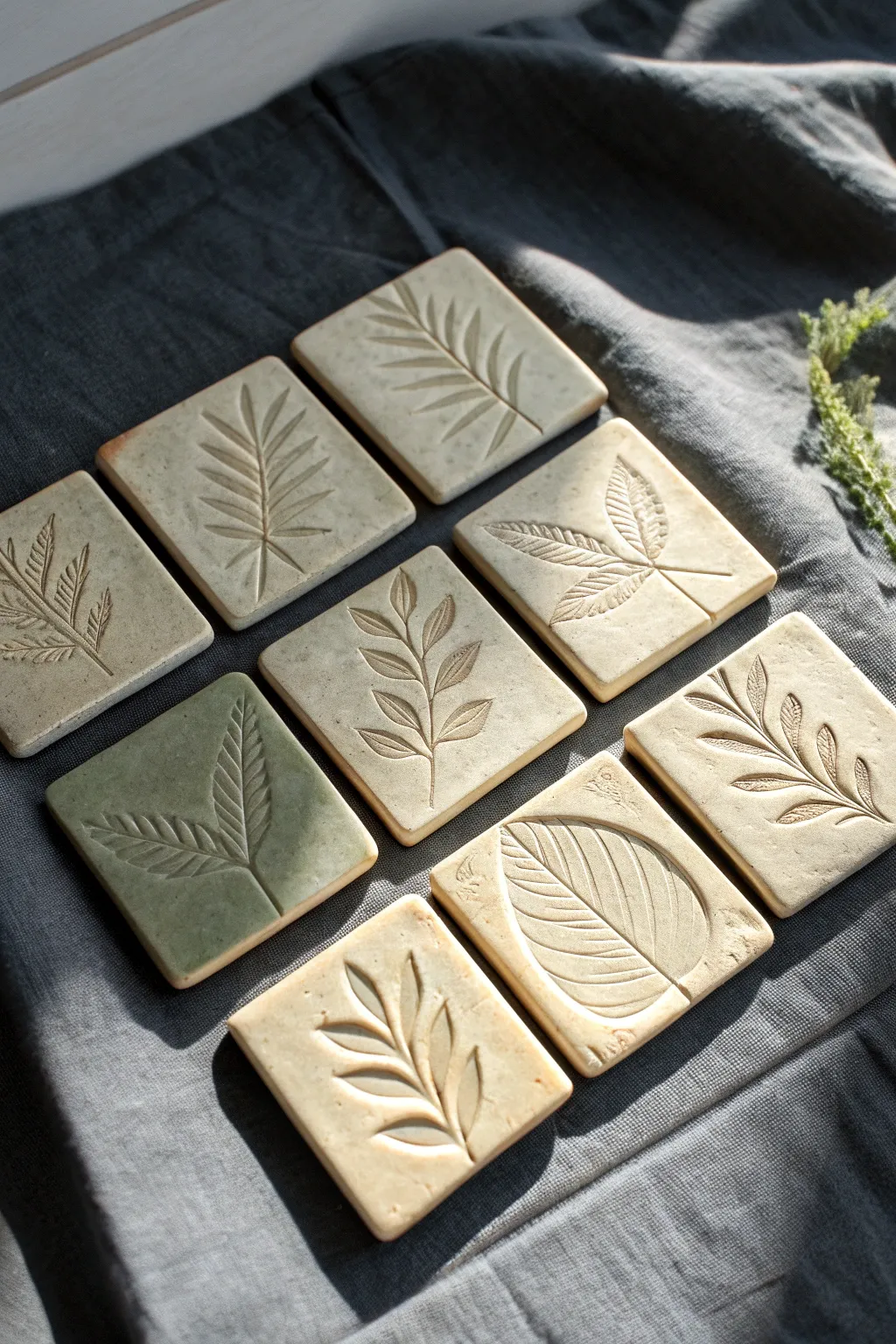 Botanical vein carving study tiles, swatch arranged in calm neutrals for a simple clay inspiration.