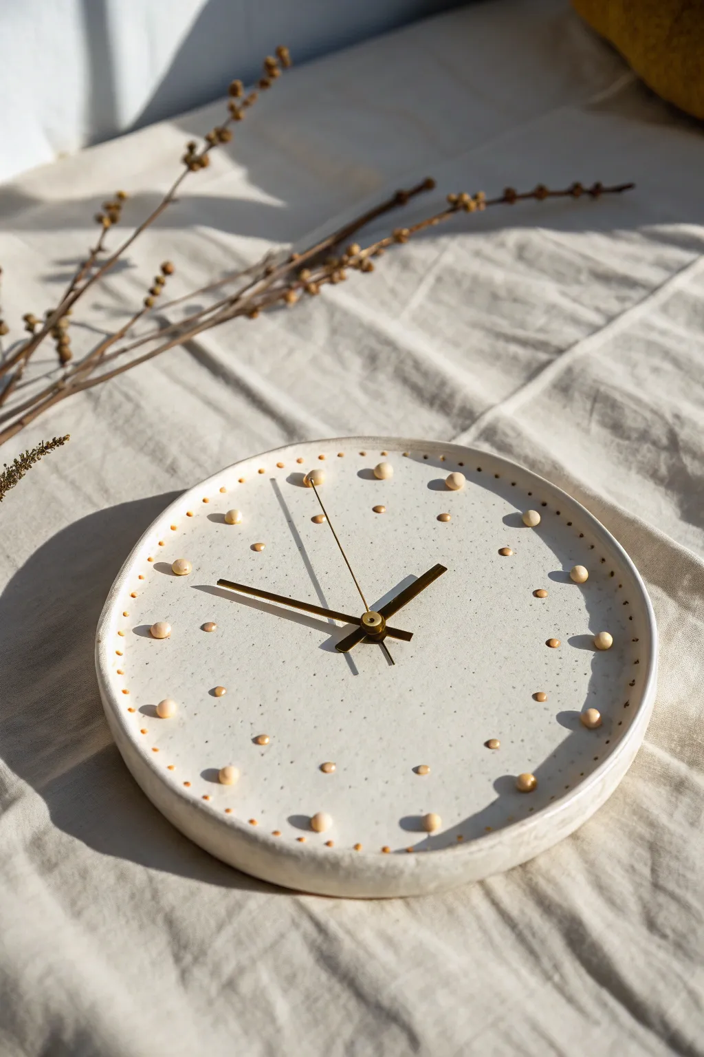 Minimal ceramic clock with raised slip dots and dashes, glossy glaze, and soft Scandinavian calm.