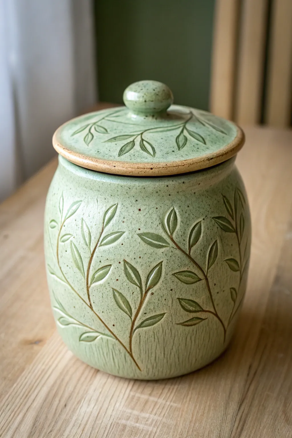 Soft sage ceramic cookie jar with carved leafy vines, minimalist shape and cozy handmade charm