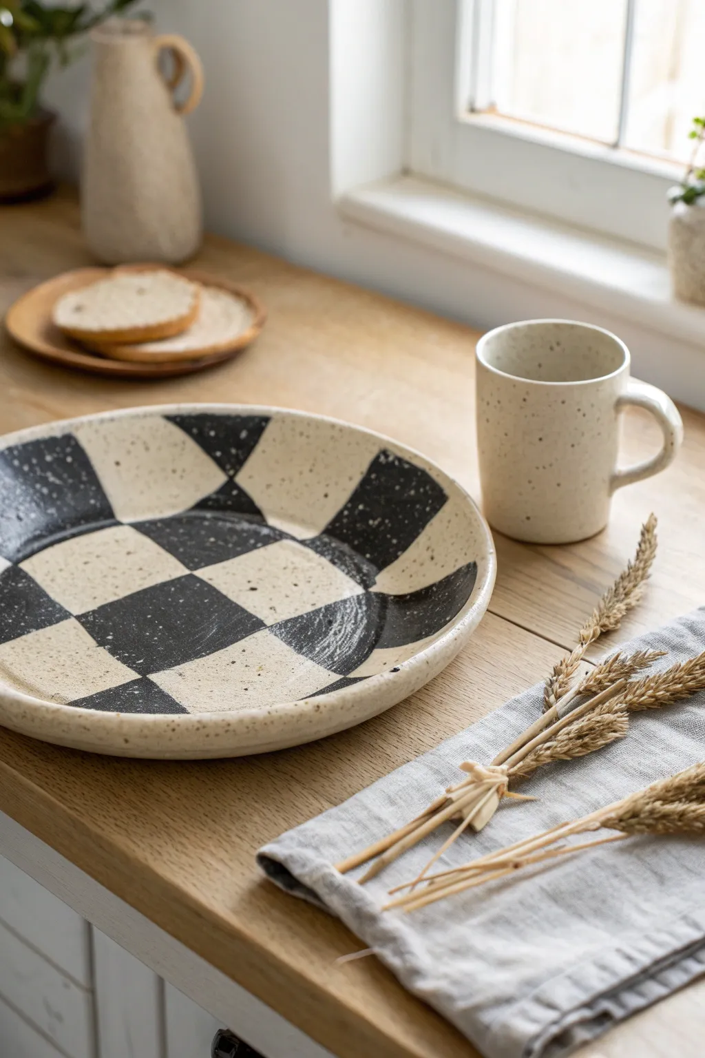 Bold checkerboard ceramic plate with a softly blurred matching cup for modern contrast.