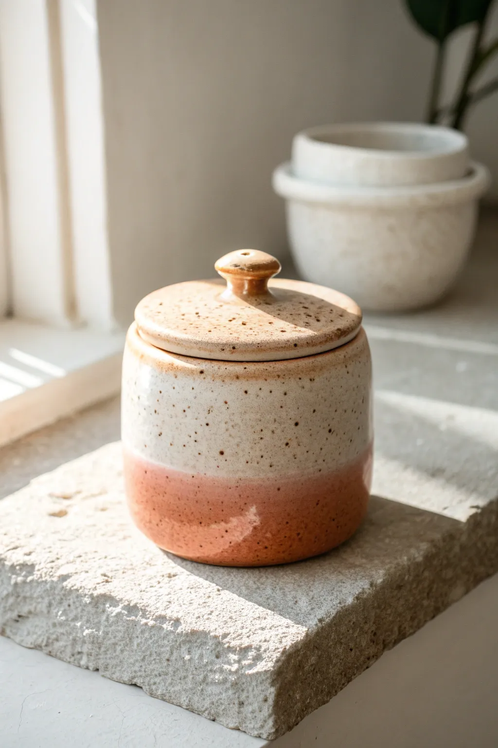 Speckled ombre glaze jar with soft ivory to blush fade, minimalist Nordic mood and warm boho calm.
