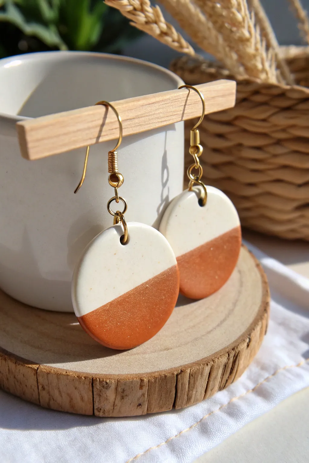 Two-tone dip-glazed ceramic dangles with a crisp line, matte meets glossy in warm neutrals