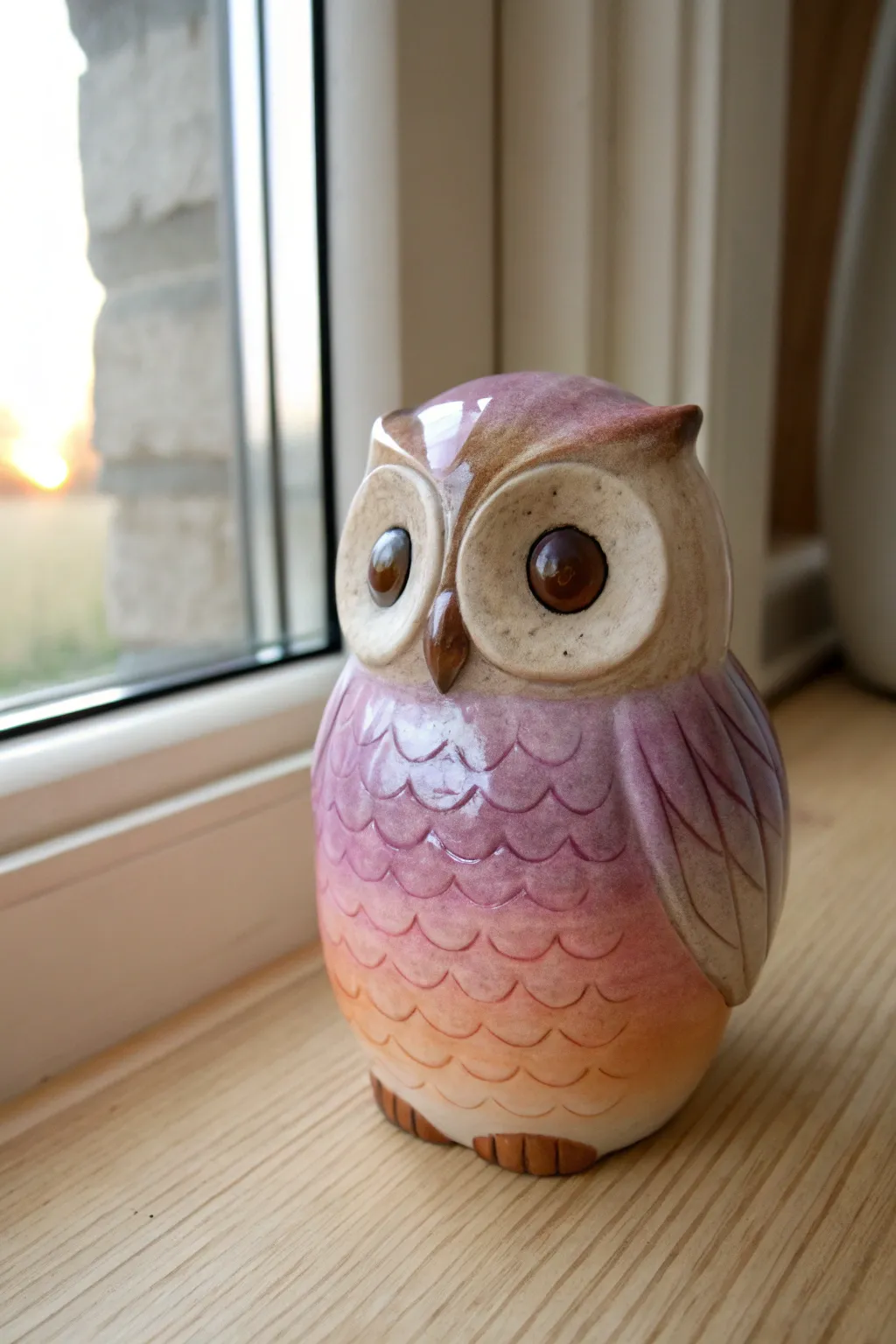Warm sunset ombre ceramic owl with peach-to-purple glow and bold eyes, minimalist and cozy
