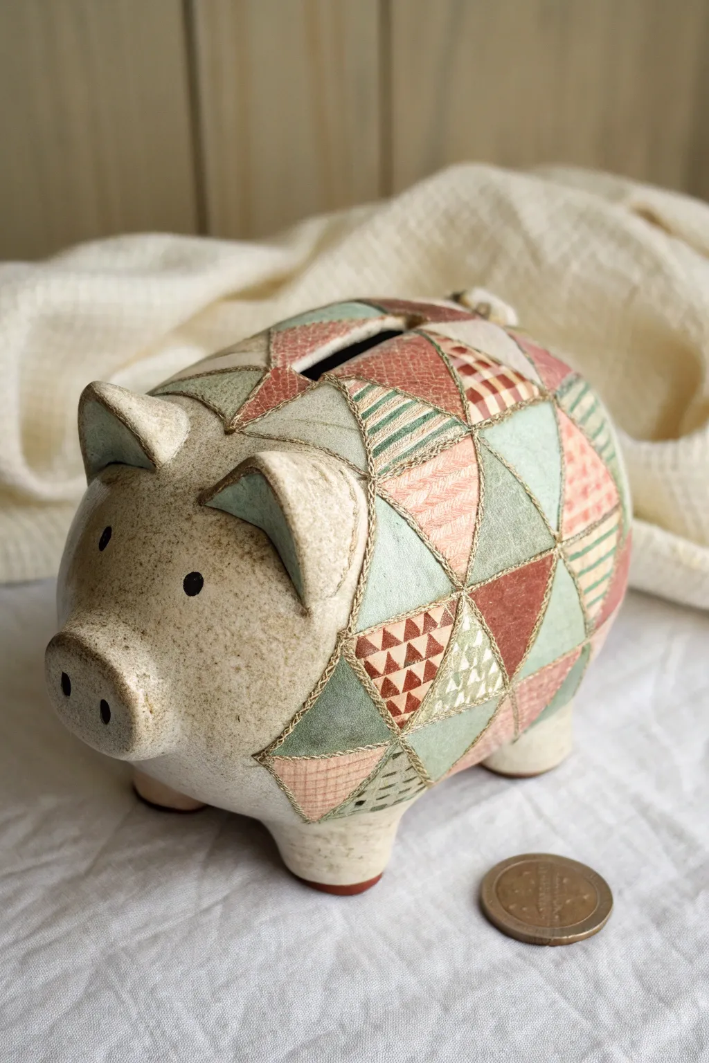 Cozy patchwork ceramic piggy bank with stitched details, minimalist Scandinavian boho vibe.