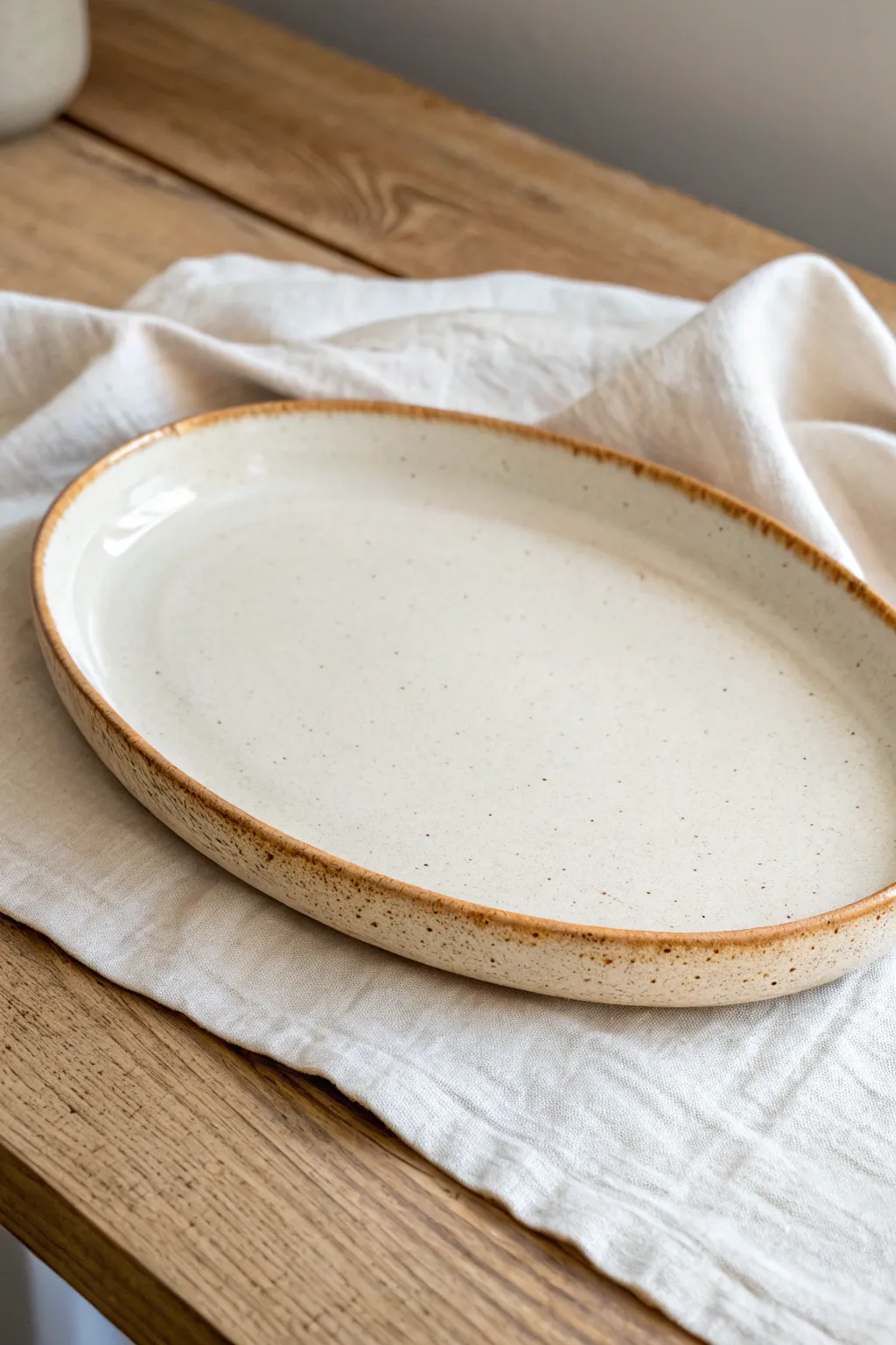 Oval slab-built platter with a clean seam detail and satin glaze, minimalist and handmade.
