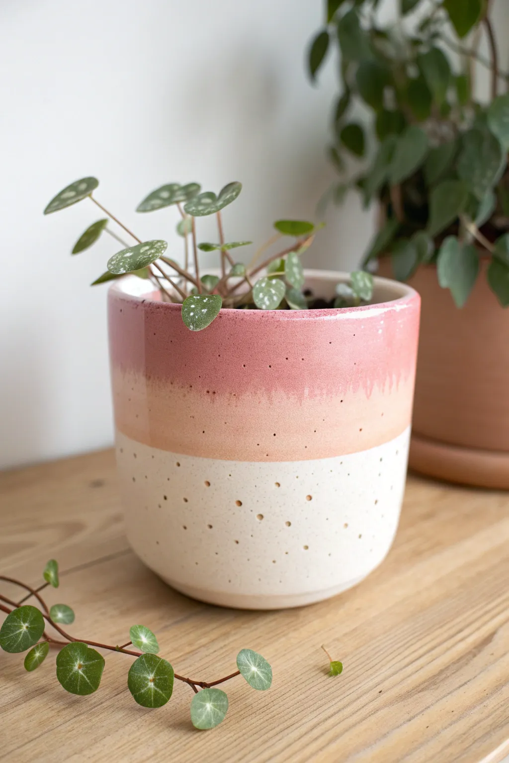 Soft ombre ceramic pot with a delicate trailing houseplant, minimal and beautifully handmade