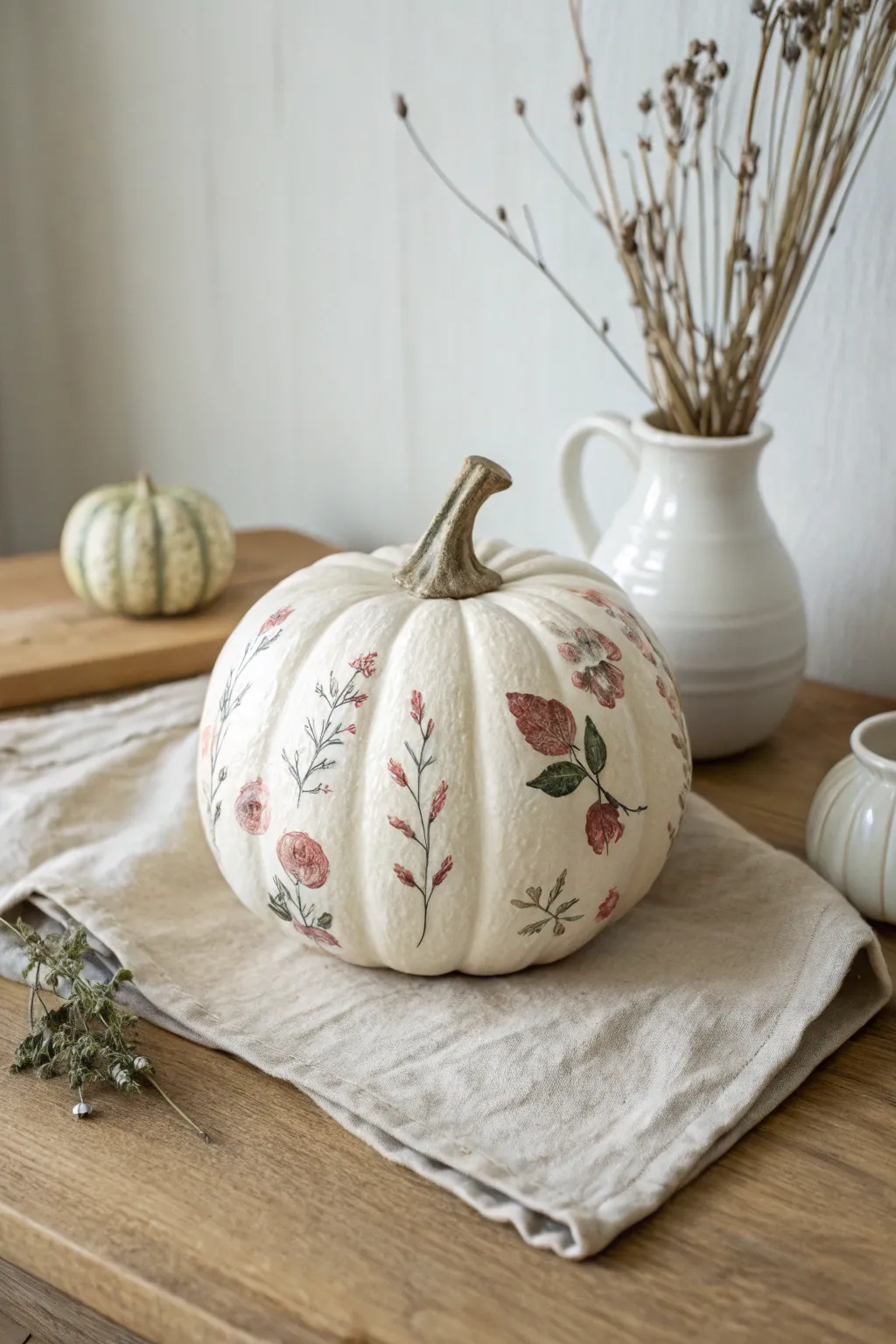 Cream ceramic pumpkin with soft floral vines, minimalist styling, and warm natural light.