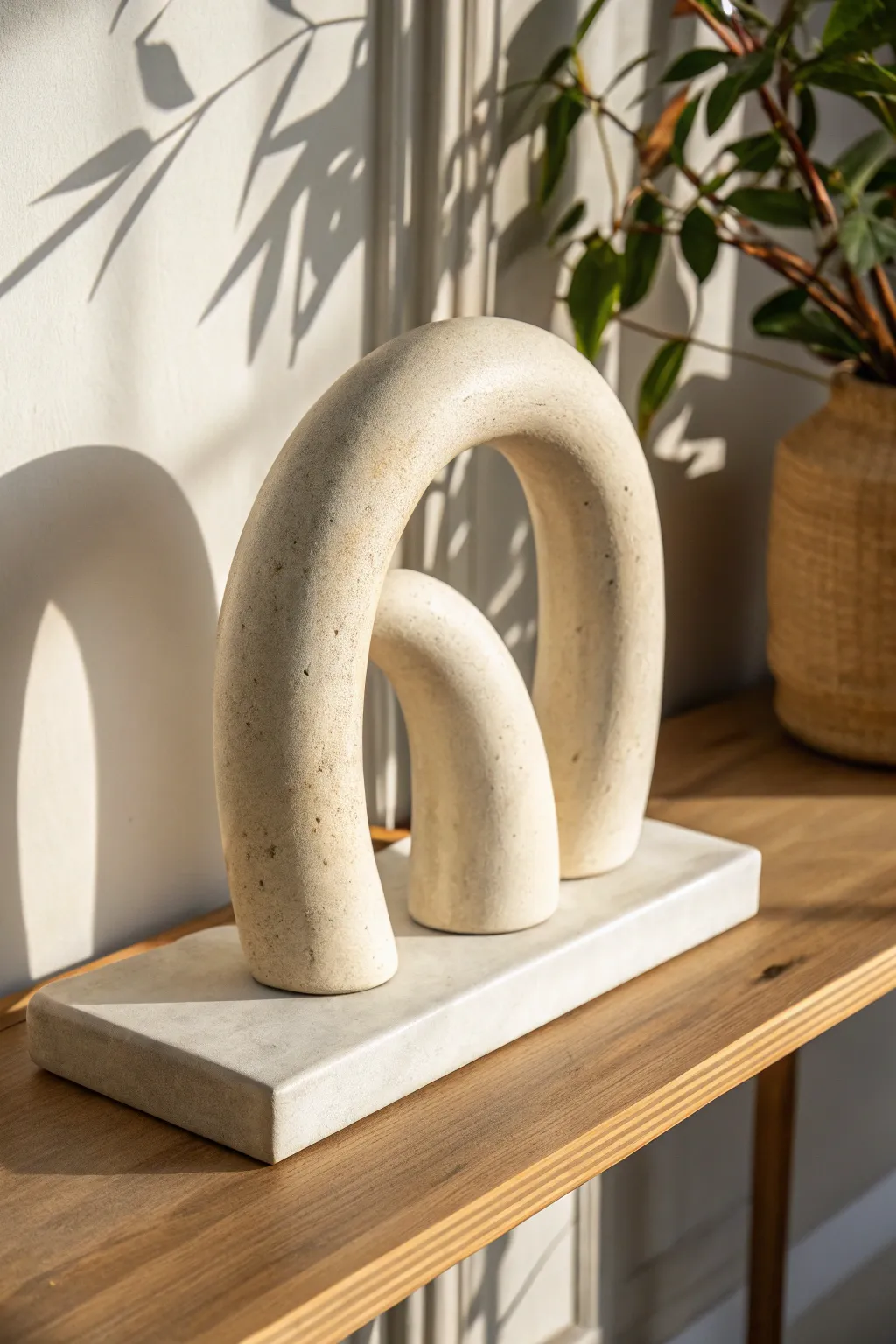 Minimal arch and loop ceramic sculpture in matte ivory, perfect for modern Scandinavian shelves