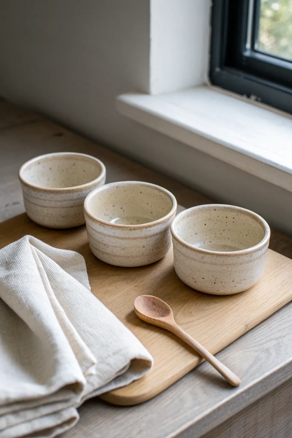 Three matching ramekins and a spoon rest in one glaze for a calm, cohesive baking prep set