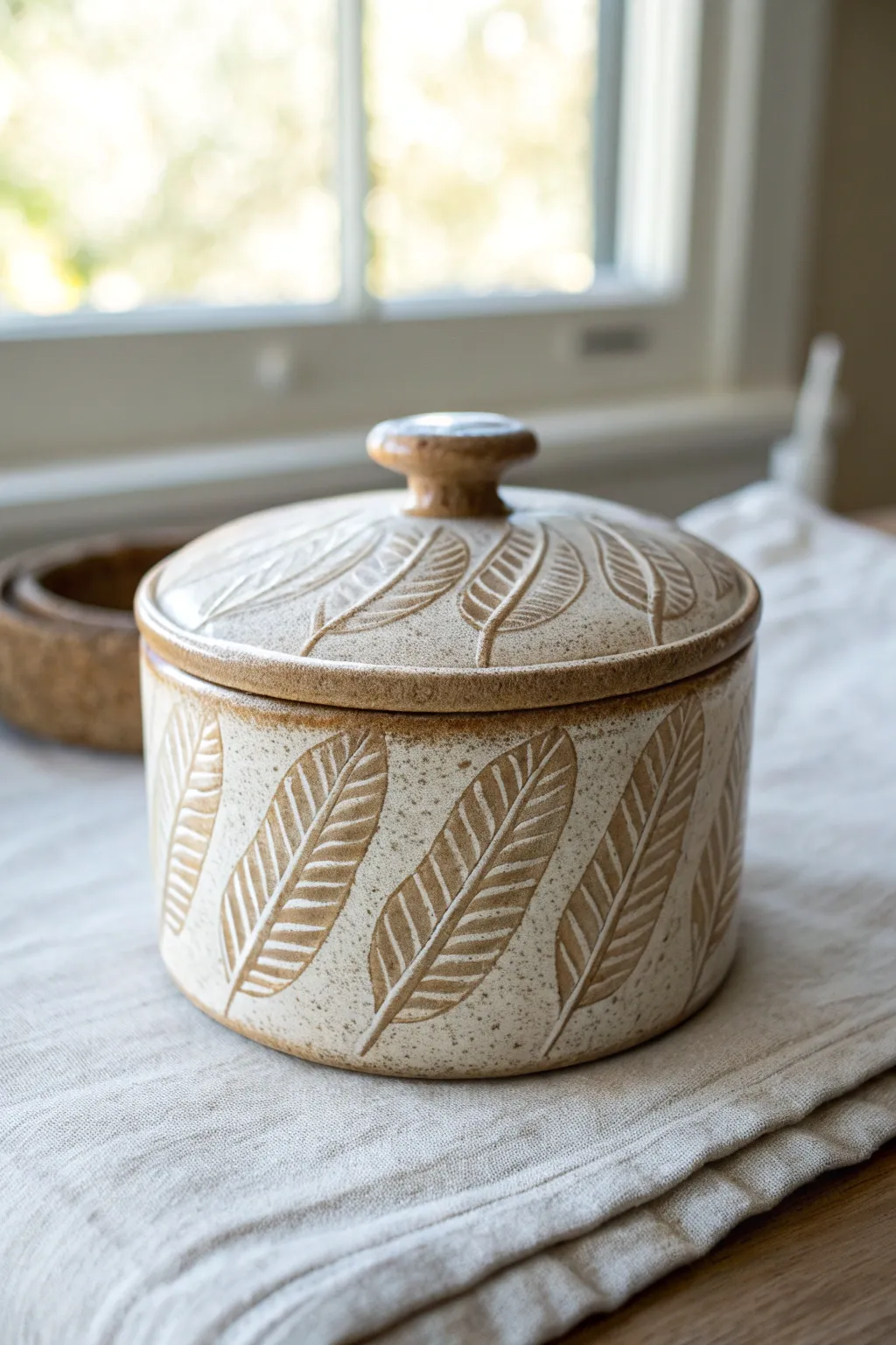 Feather stamped lidded dish, glaze pooling in the grooves for soft texture and contrast.