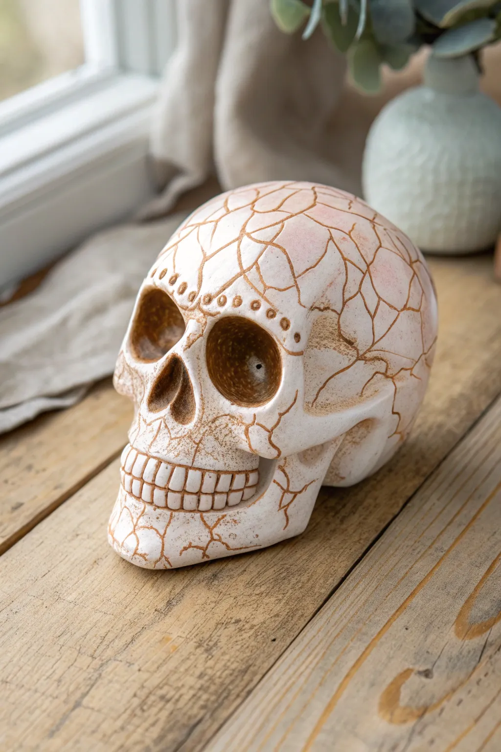 Faux crackle-glaze sugar skull in soft terracotta tones for a rustic, minimalist vibe