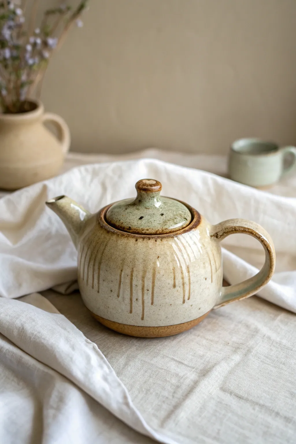 Organic drip glaze teapot with earthy studio charm and calm Scandinavian minimal styling.