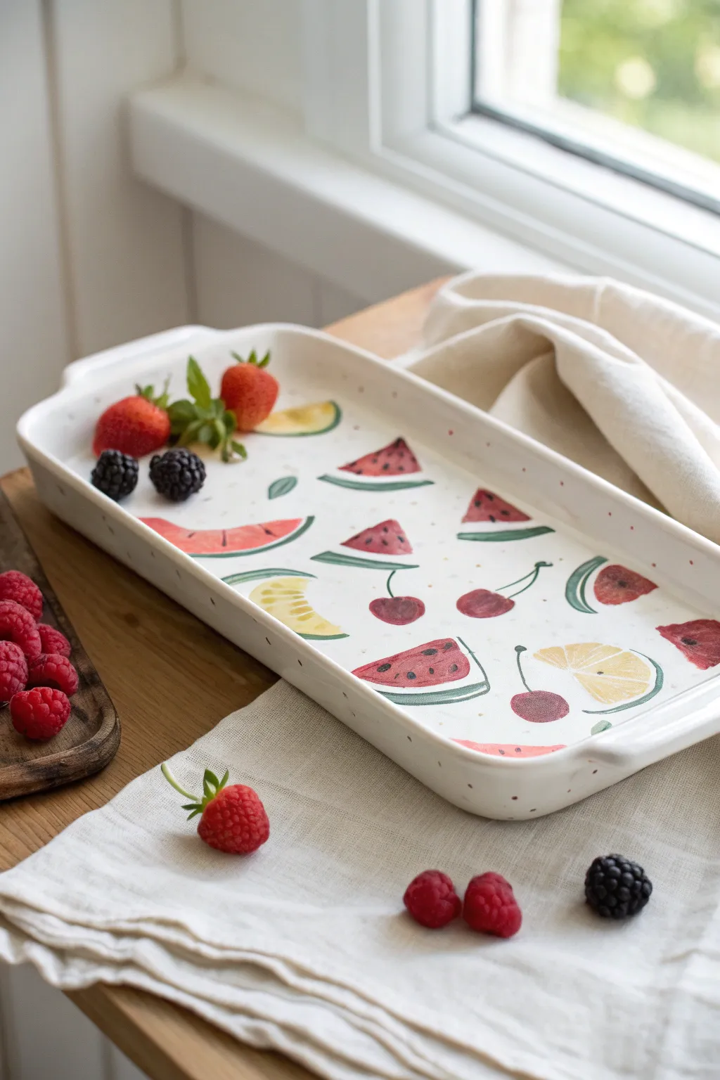 Hand-painted fruit pattern tray with fresh berries, a cheerful minimalist snack moment