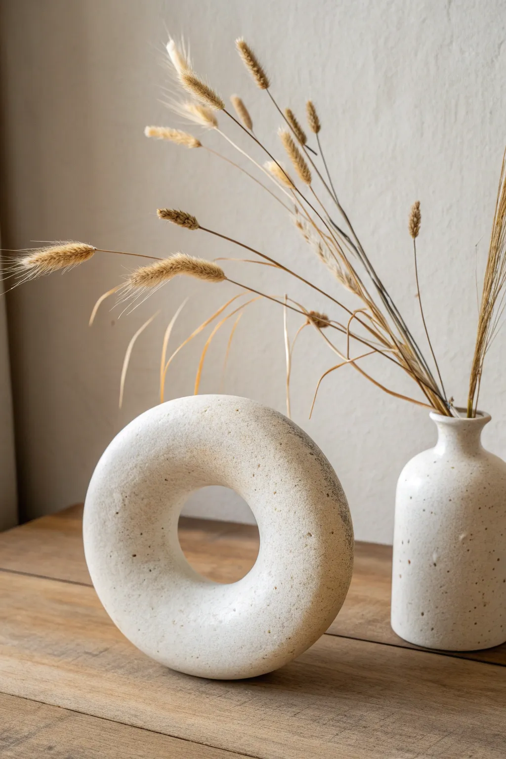 Modern donut vase with dried stems in warm neutral light, minimal Scandinavian boho styling.