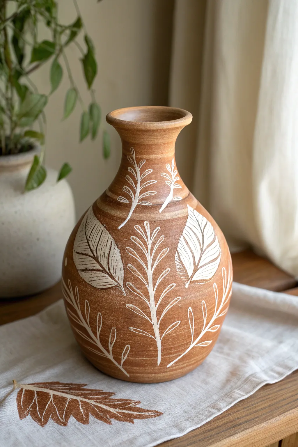 Minimal sgraffito leaf vase in warm neutrals, showing crisp carved details and handmade charm.