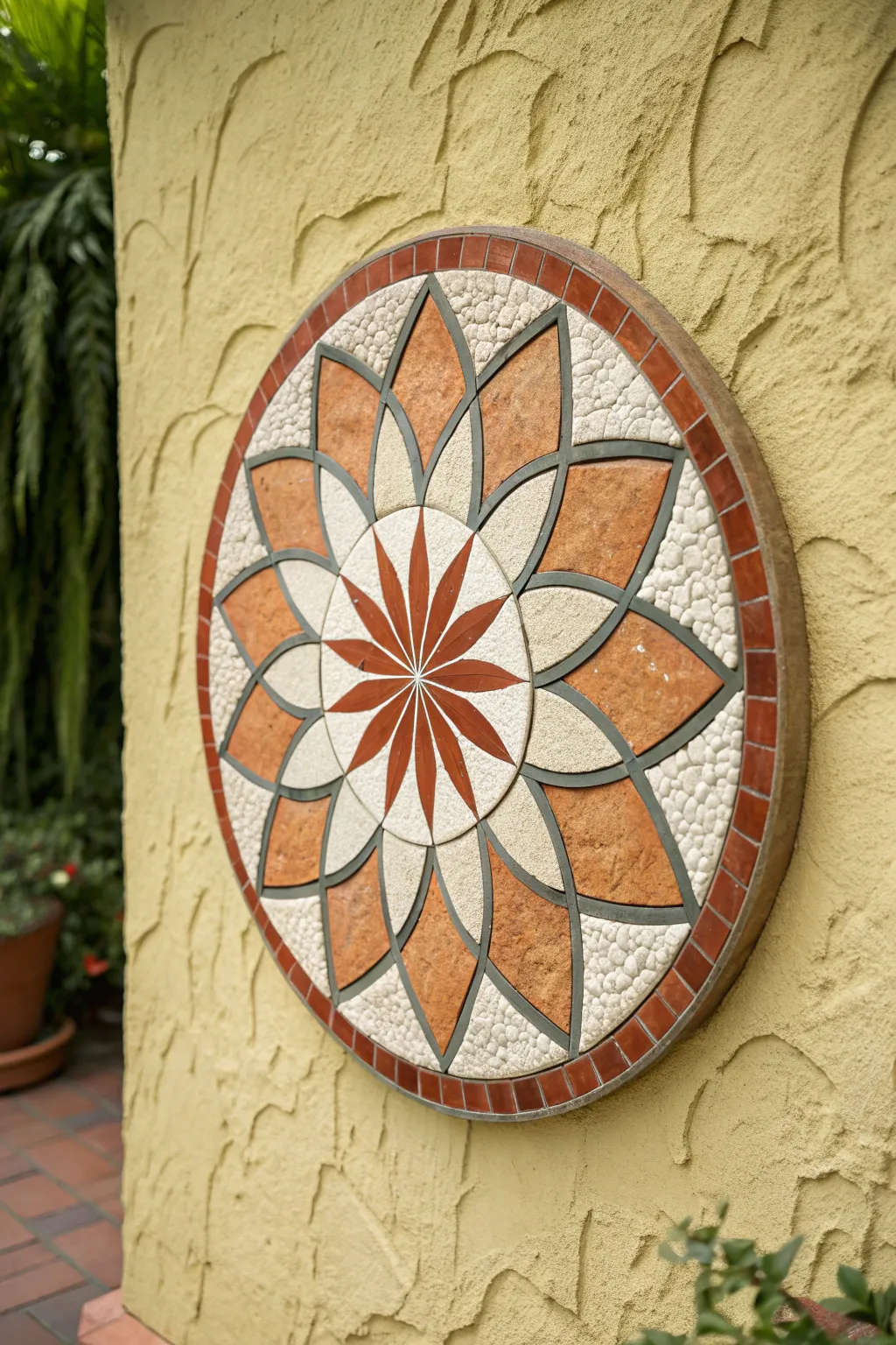 Simple ceramic mosaic medallion with tile inlay, centered on textured plaster wall