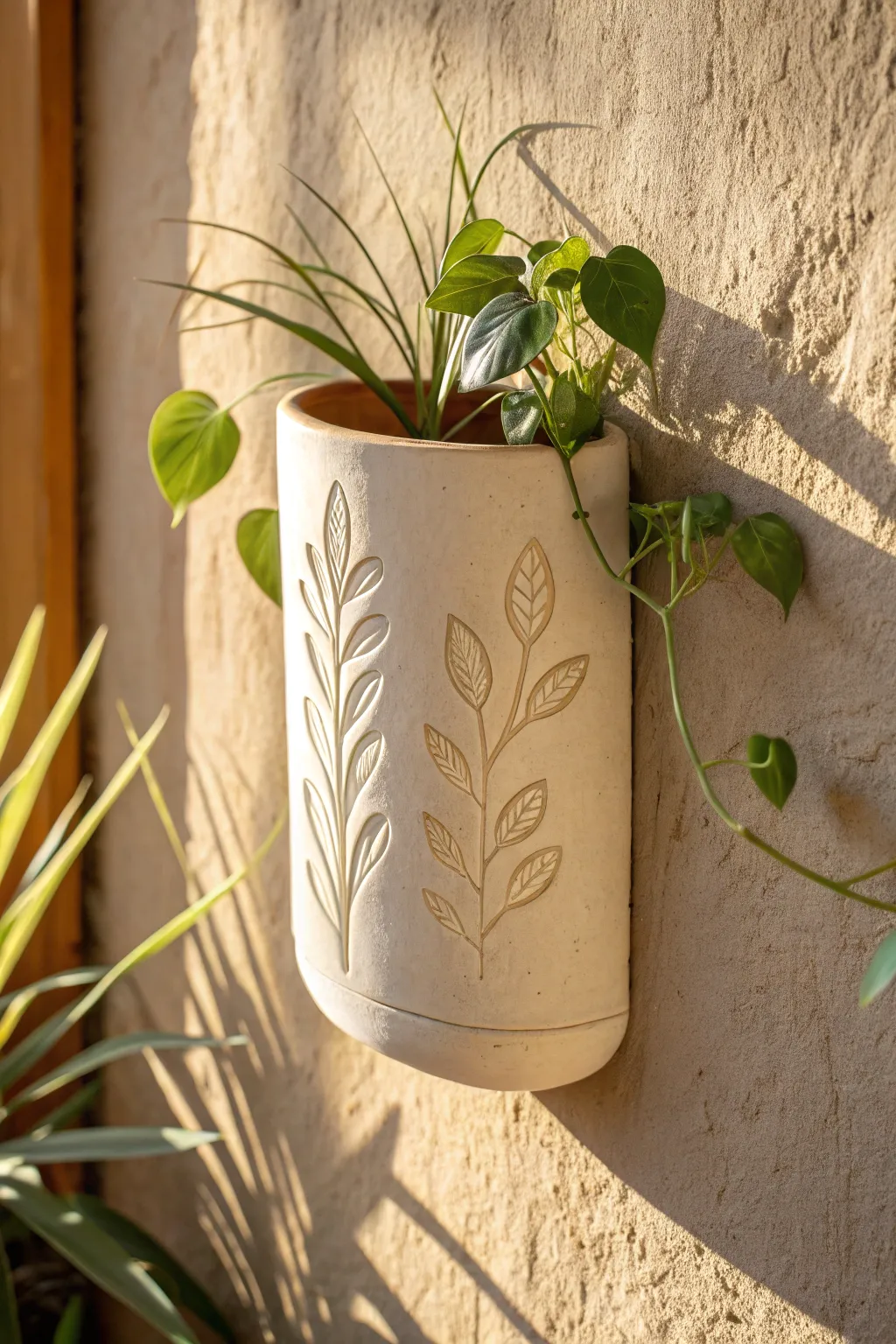 Minimal sgraffito line-art wall pocket with botanical carving and soft Scandinavian contrast.