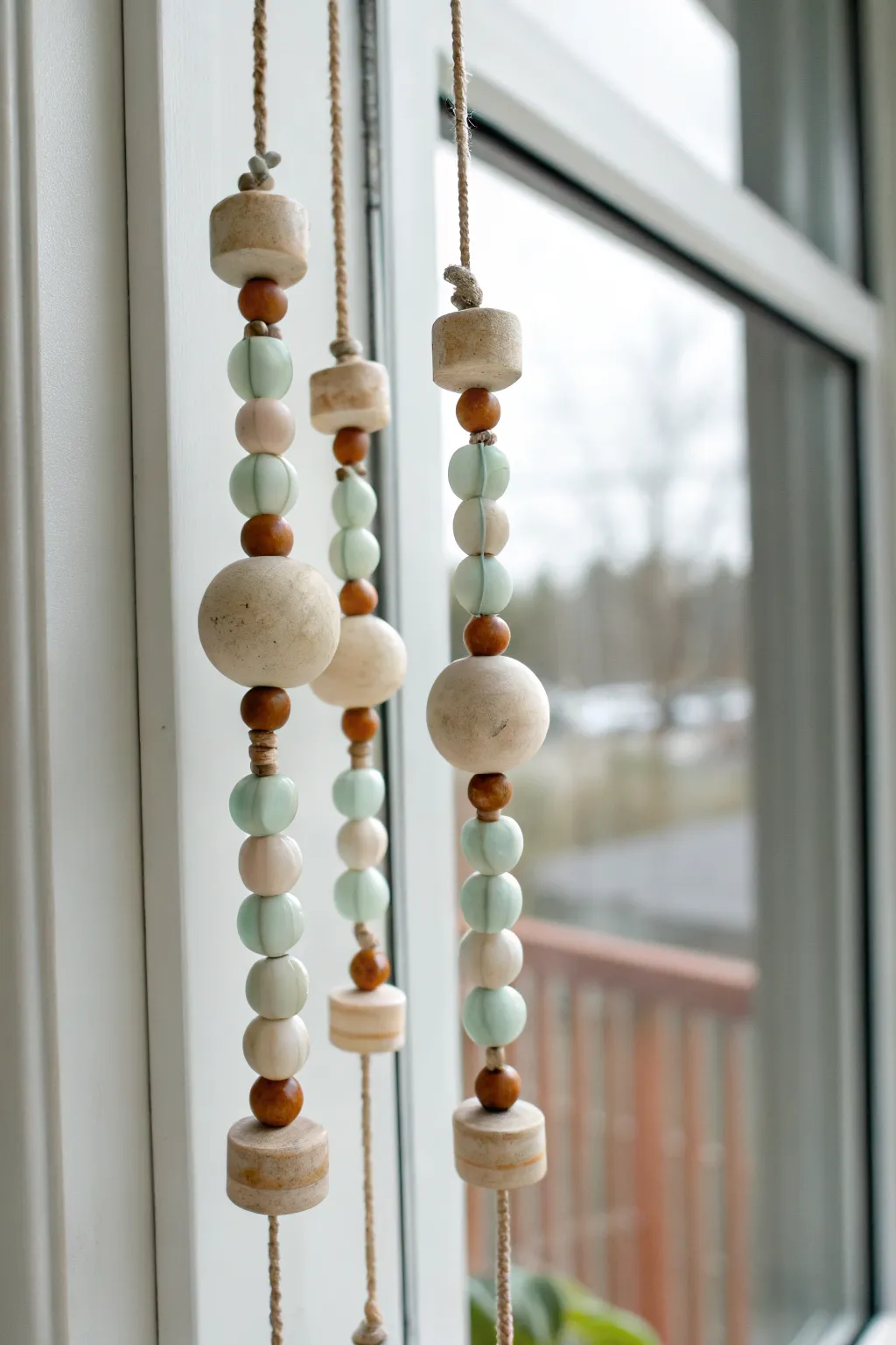 Tiny ceramic bead spacers add rhythm and contrast to this minimalist wind chime.
