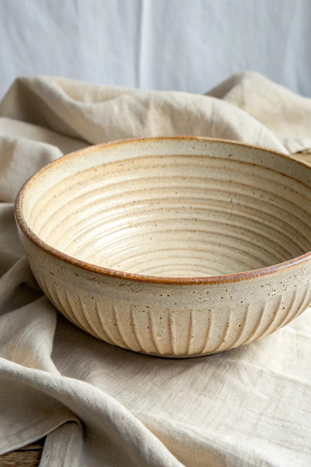 Wide bowl with ribbed drag waves and soft matte glaze, dark pooling accenting every trough