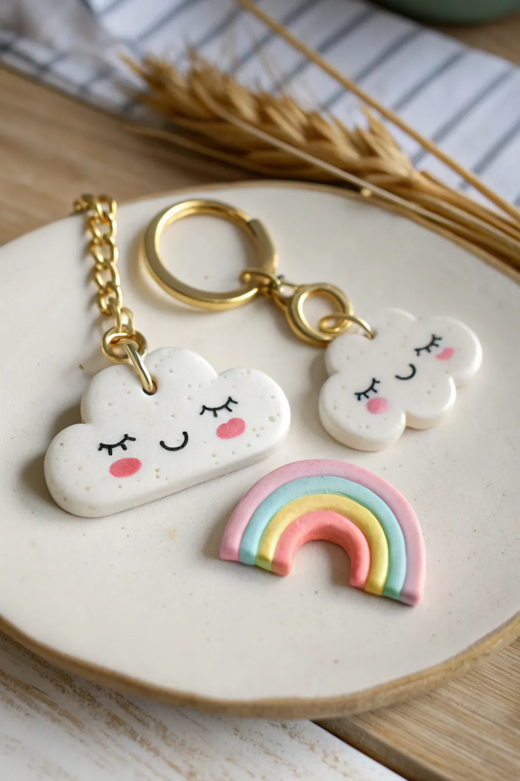 Dreamy cloud and pastel rainbow clay charm set, minimal Scandinavian styling with soft boho warmth