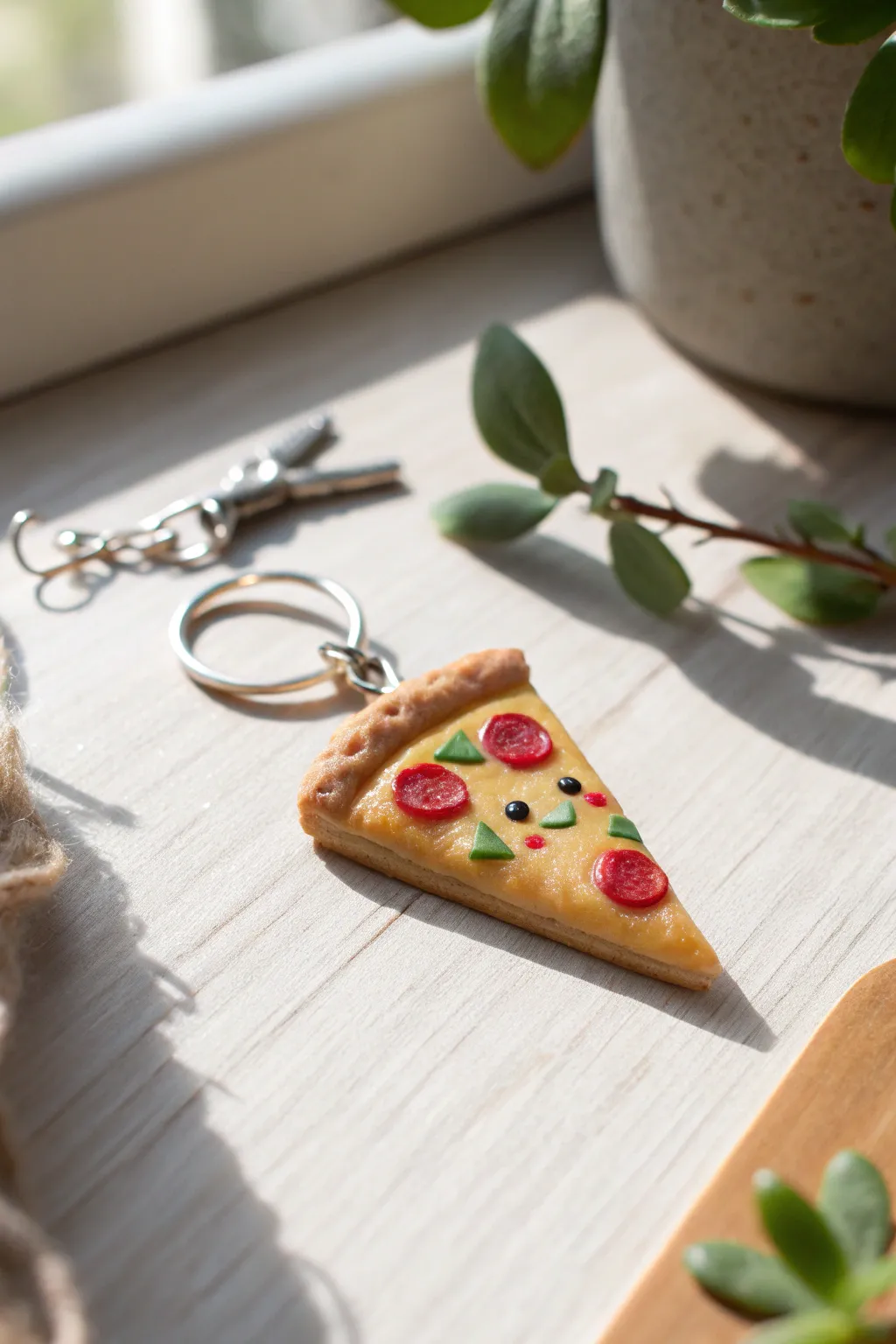 Cute mini clay pizza slice charm with simple toppings and a sweet face, minimal Scandinavian styling