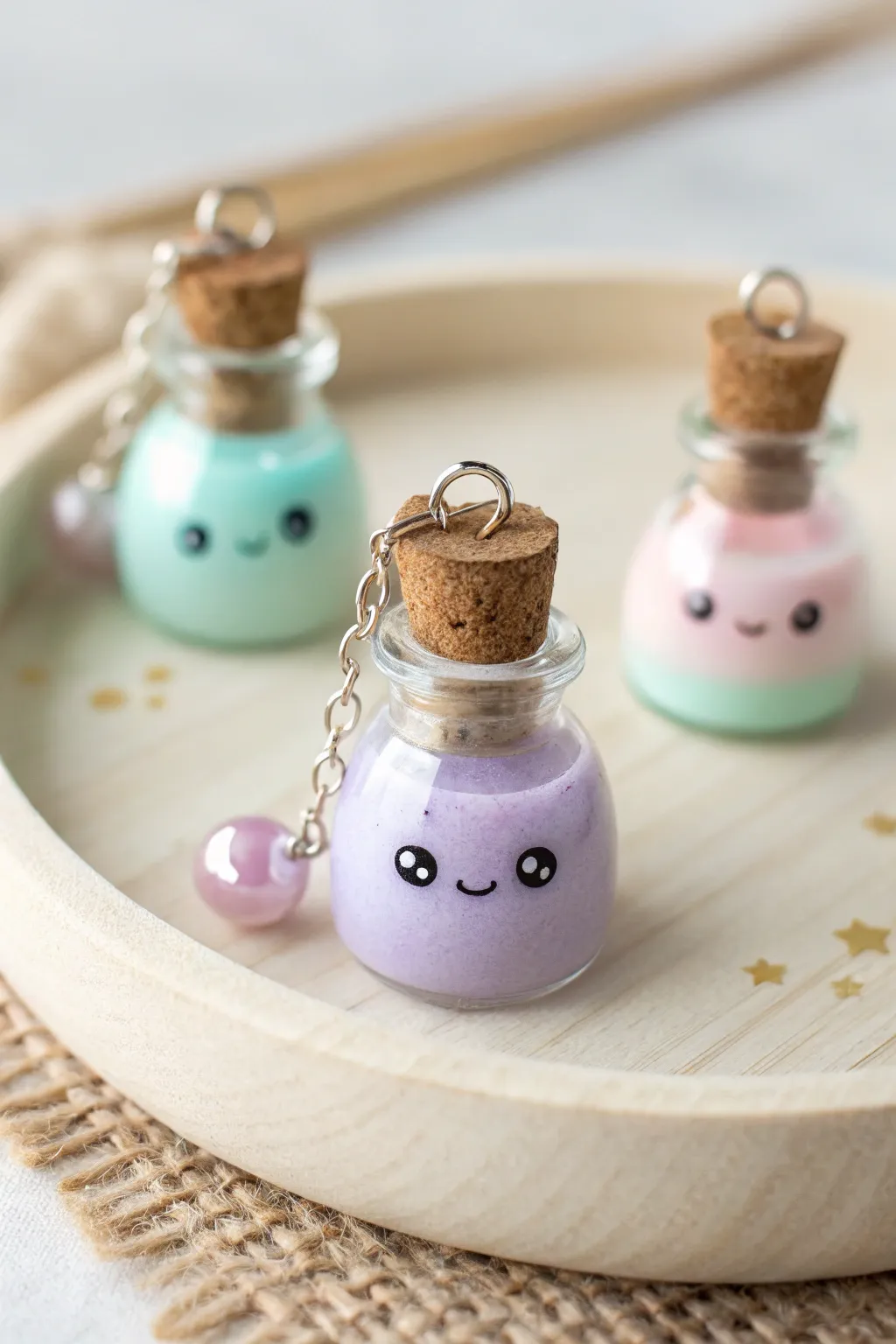 Mini kawaii potion bottle charm in dreamy pastels, simple and cute with a cozy apothecary feel