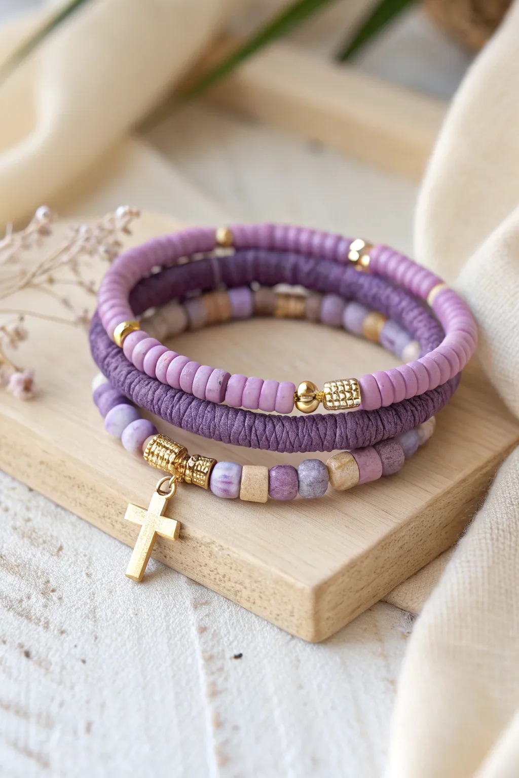For such a time stack in purple ombre clay discs with subtle gold accents and a simple cross charm