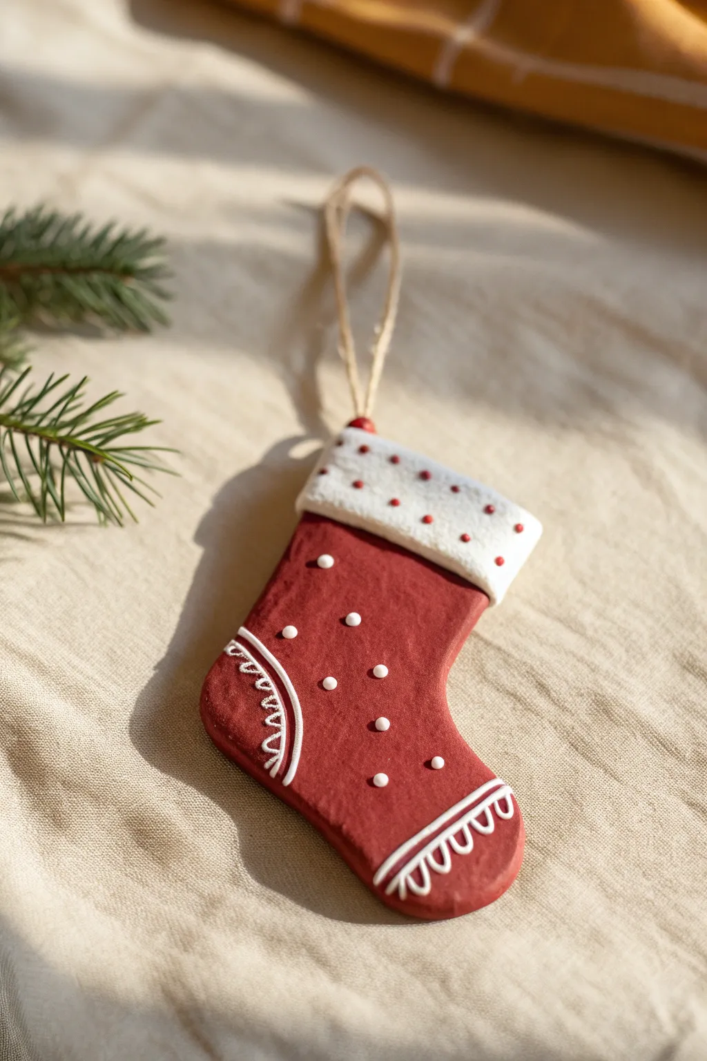 Tiny red clay stocking ornament with a raised white cuff, simple dots, and cozy minimal charm