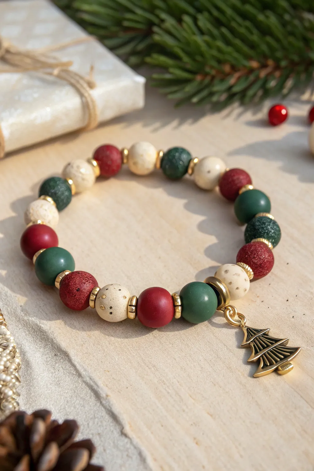Cozy Christmas clay bead bracelet in red, forest green and cream with a sweet stocking charm.