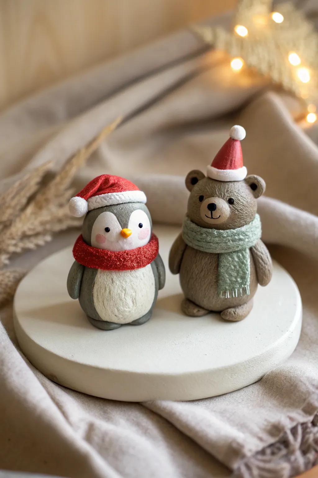 Simple clay winter animal duo in Santa hats, a cozy minimalist Christmas craft idea