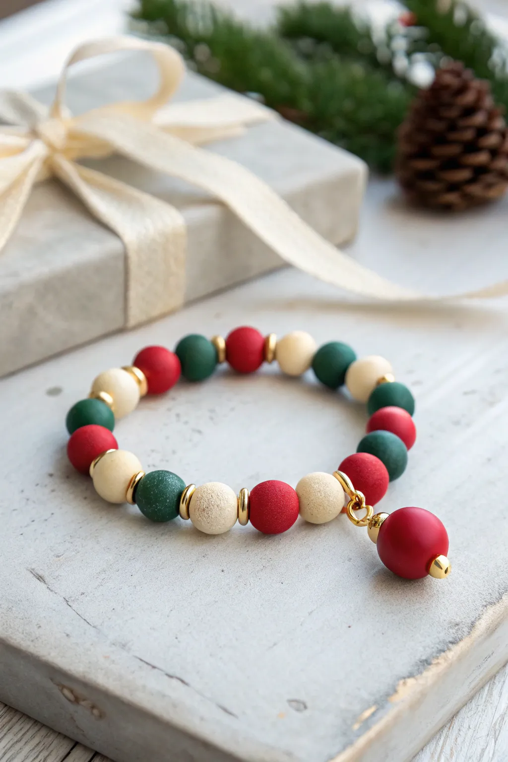 Holiday clay bead bracelet with ornament charm and metallic spacers, styled with ribbon bow.