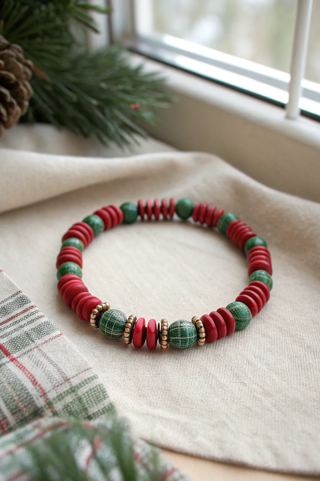 Plaid clay disc beads meet red and green heishi for a cozy minimalist Christmas bracelet.