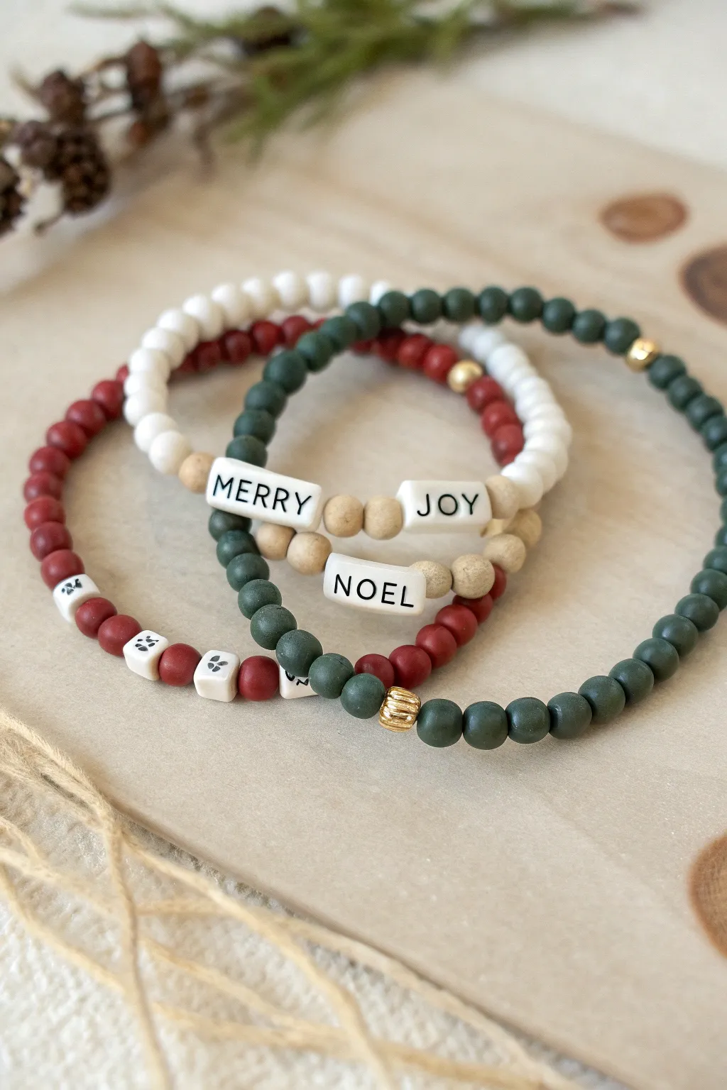 Minimal holiday clay bracelet trio with letter beads and cozy red green heishi accents