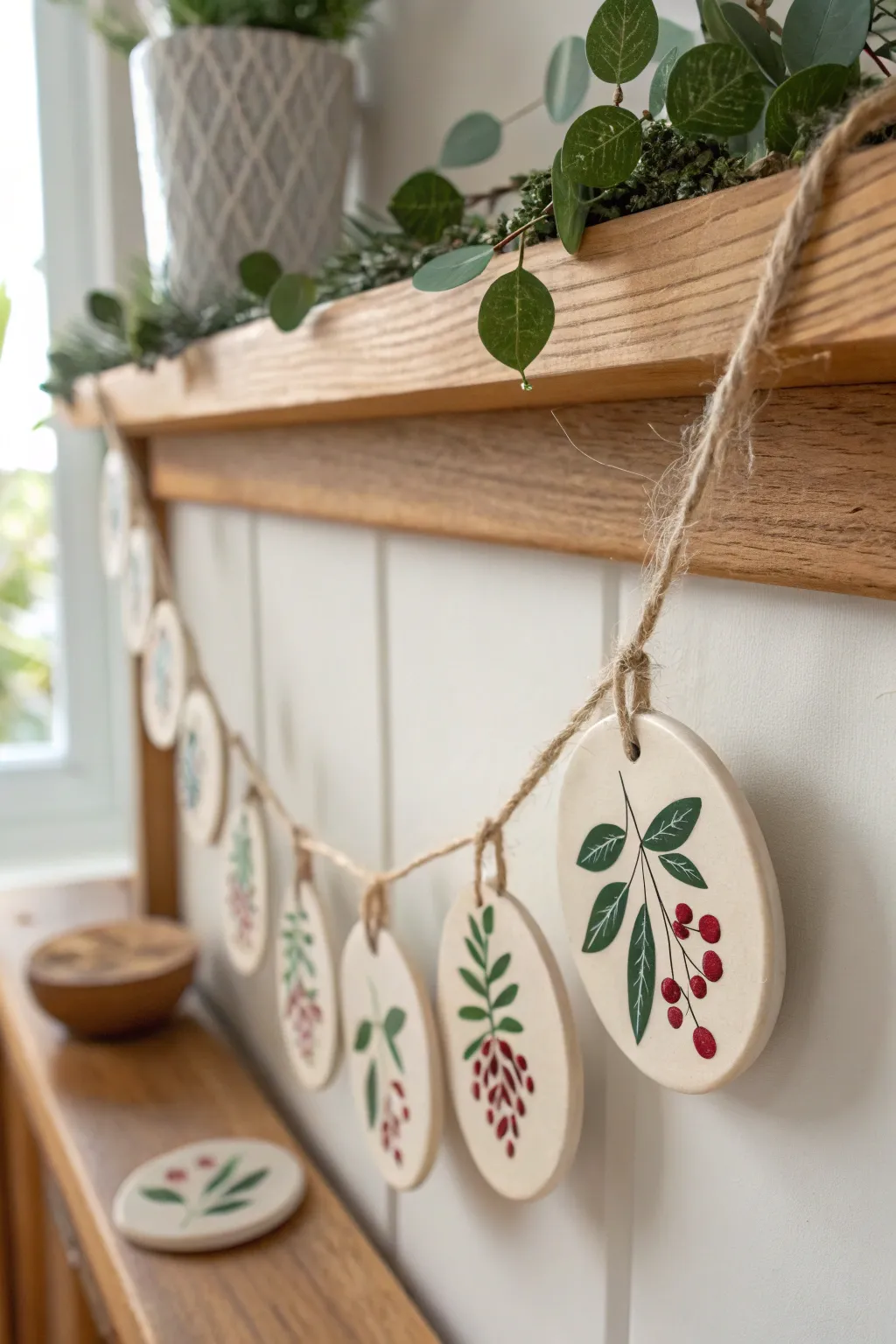 Minimal holly clay garland tiles on twine, a soft Scandinavian Christmas shelf accent.