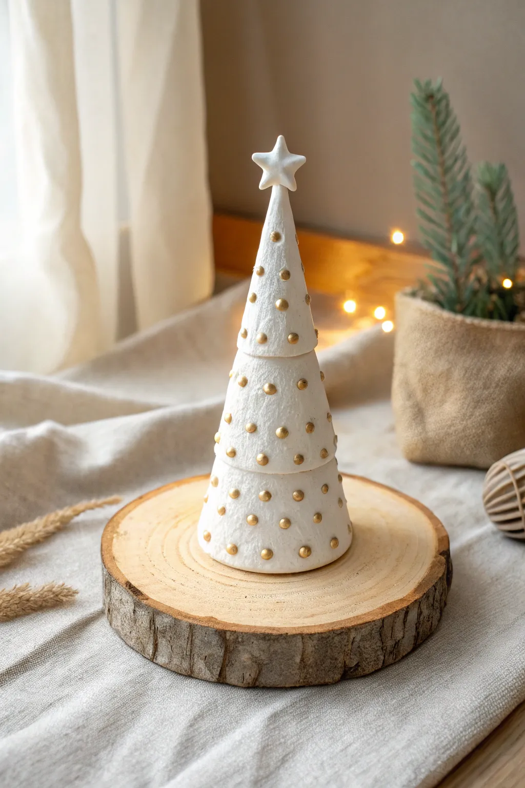 Minimalist mini clay Christmas tree with dotted lights and a sweet star, styled on birch wood.