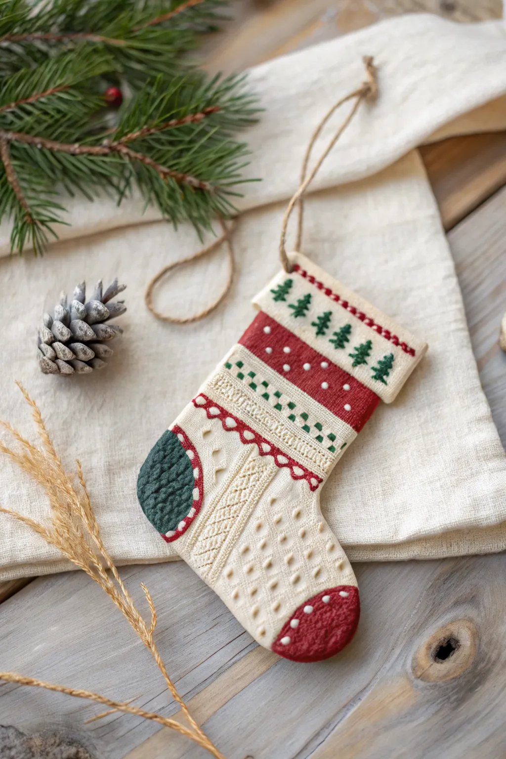 Stamped clay stocking ornament in cozy sweater texture, simple holiday craft kids can make