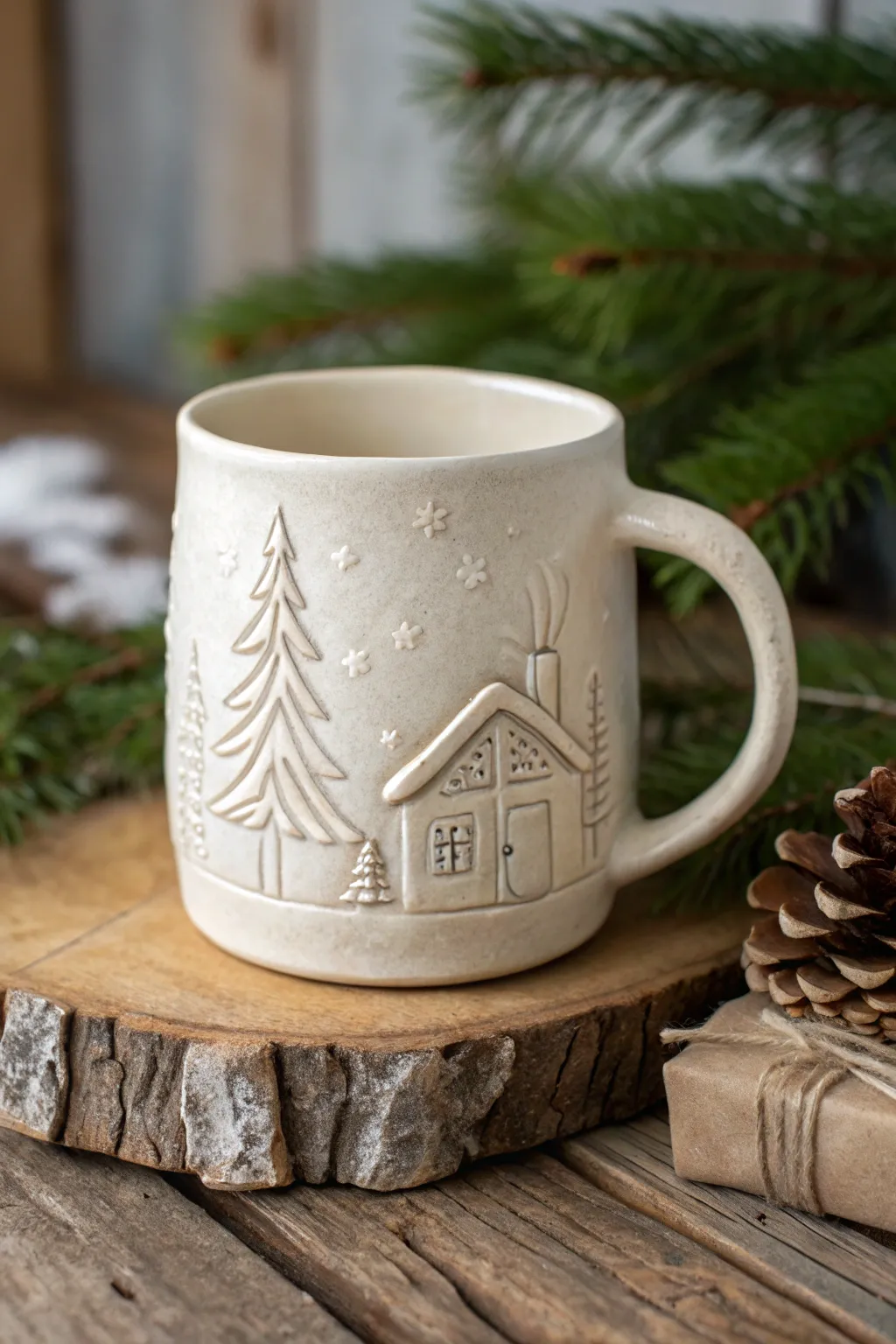 Minimal winter cabin relief mug in soft stoneware tones, cozy cabin vibes with simple evergreen details.