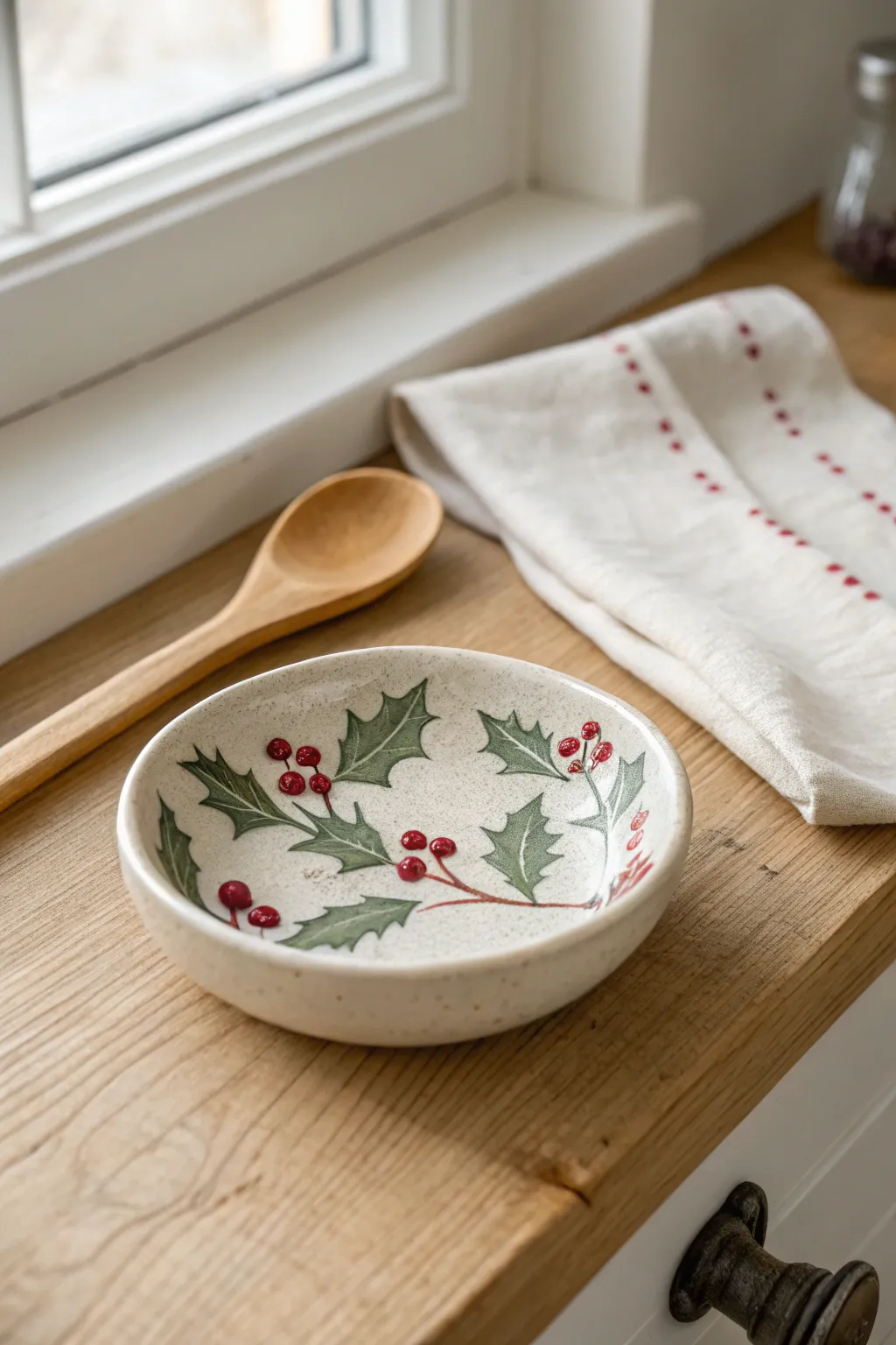 Holly berry spoon rest in candy cane red, a simple festive touch for holiday cooking.