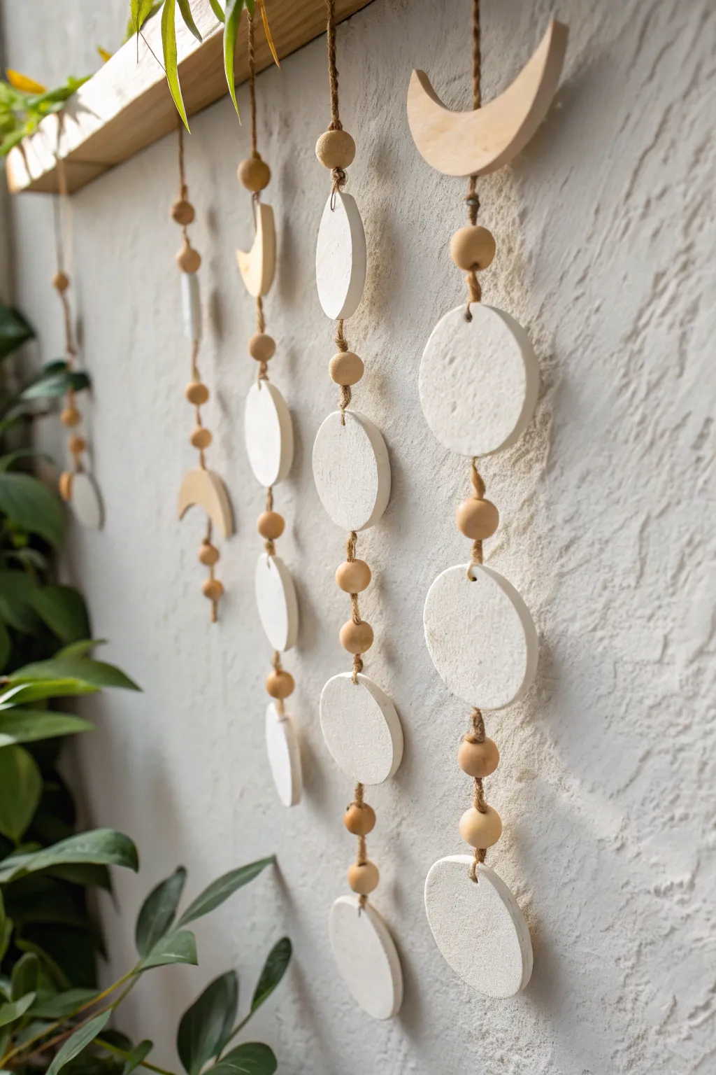 Minimal moon-phase garland of matte clay circles for a calm Scandinavian boho wall moment.
