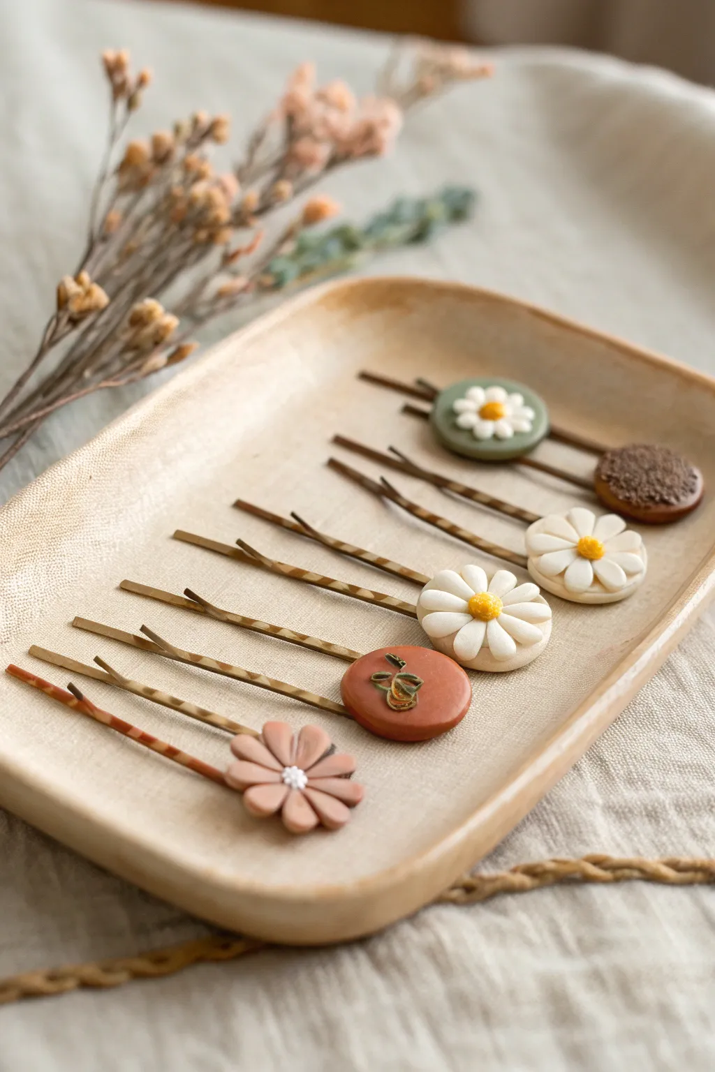 Minimal clay-topped bobby pins in soft earthy tones, glossy finish, ready for busy mornings.