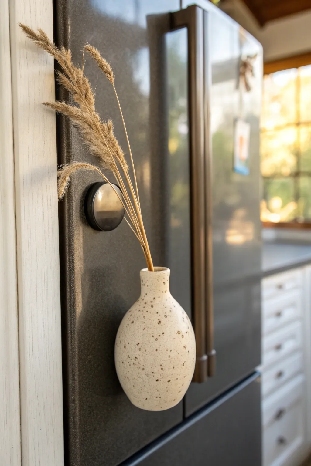 Mini clay magnet bud vase: a simple Scandinavian-boho touch for your fridge with dried blooms.