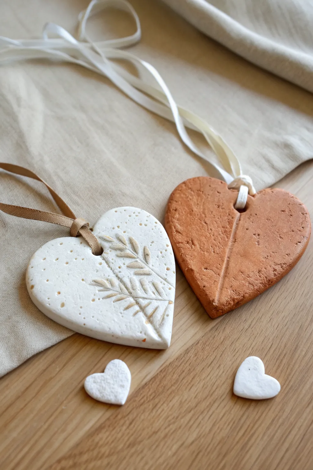 A split clay heart ornament that fits together, with ribbons and soft minimalist boho charm