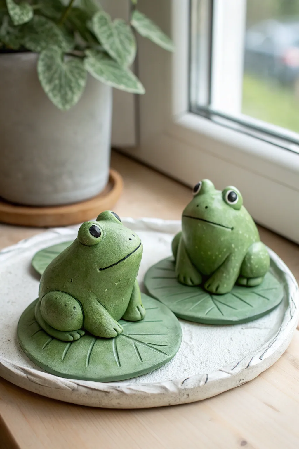 Easy clay frogs on lily pads, bright green and minimalist, perfect for a cute animal project