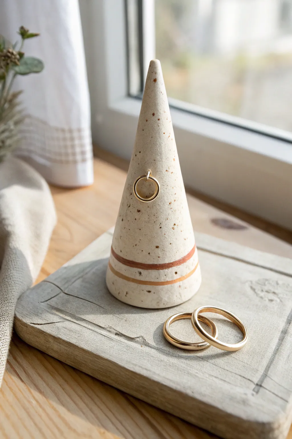 Minimal speckled clay ring cone holding two rings, a simple DIY jewelry stand for any dresser.