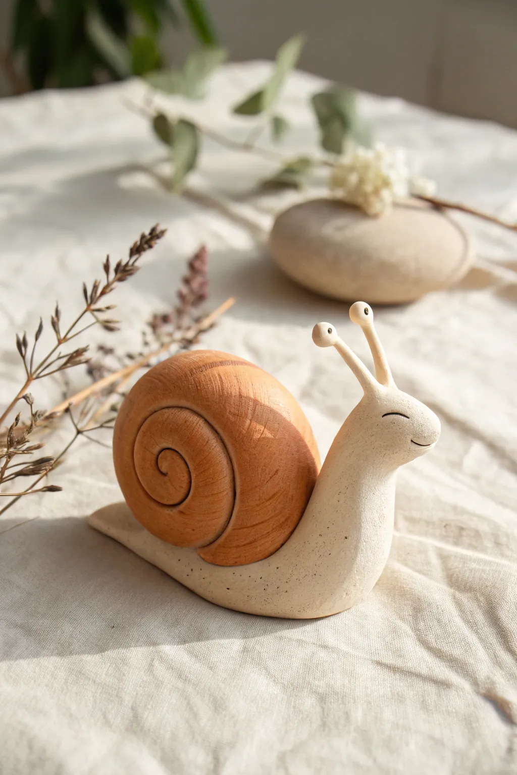 Easy beginner clay snail with a simple spiral coil shell in calming minimalist tones
